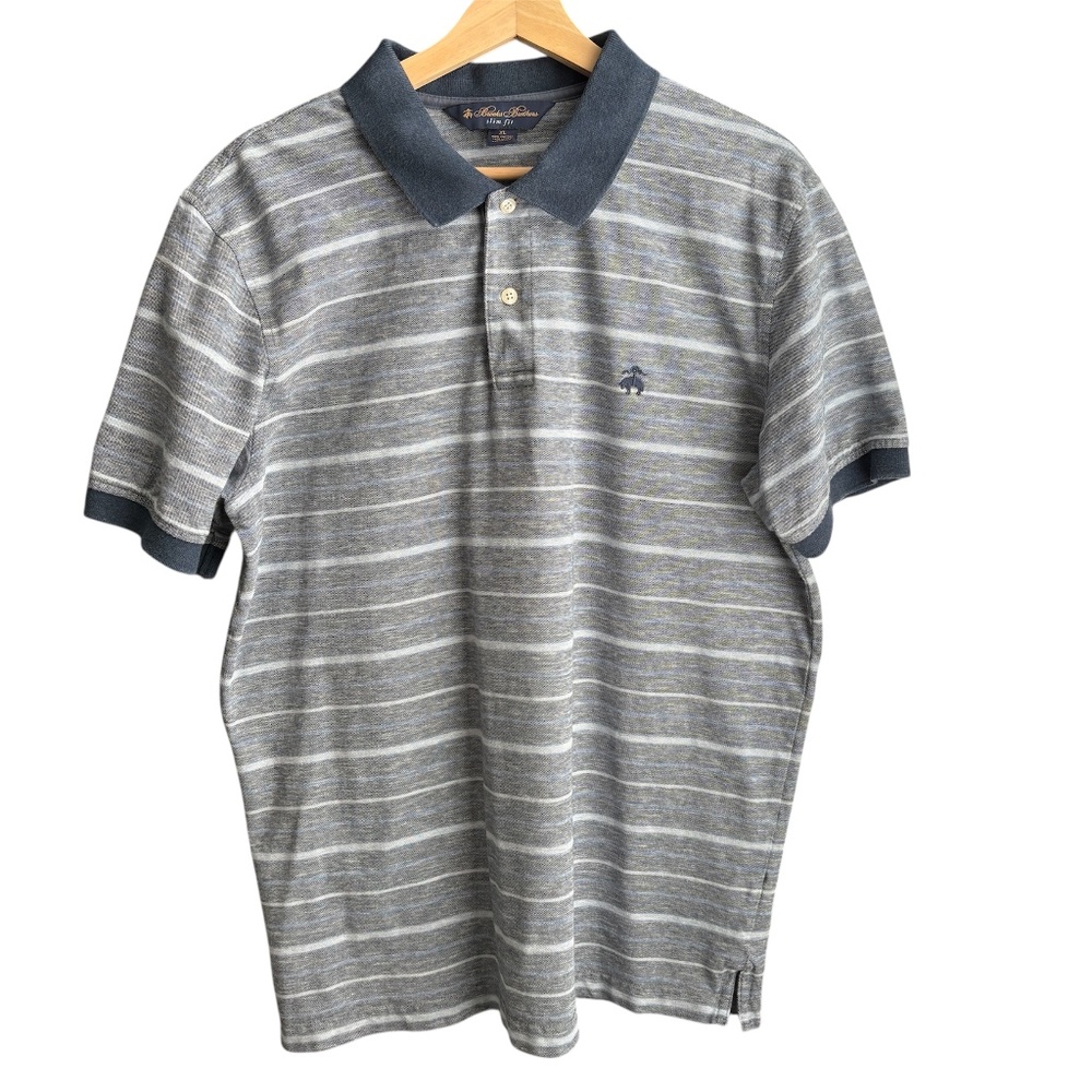 Brooks Brothers Men's Slim Fit Cotton and Linen Stripe Polo Shirt Size XL Logo